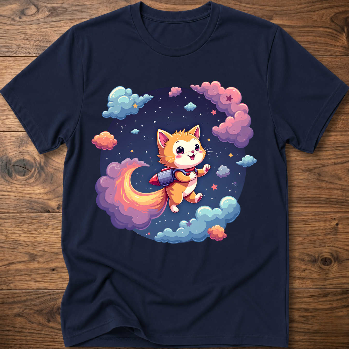 Navy kids' graphic T-shirt with smiling orange astronaut cat in a galaxy wreath