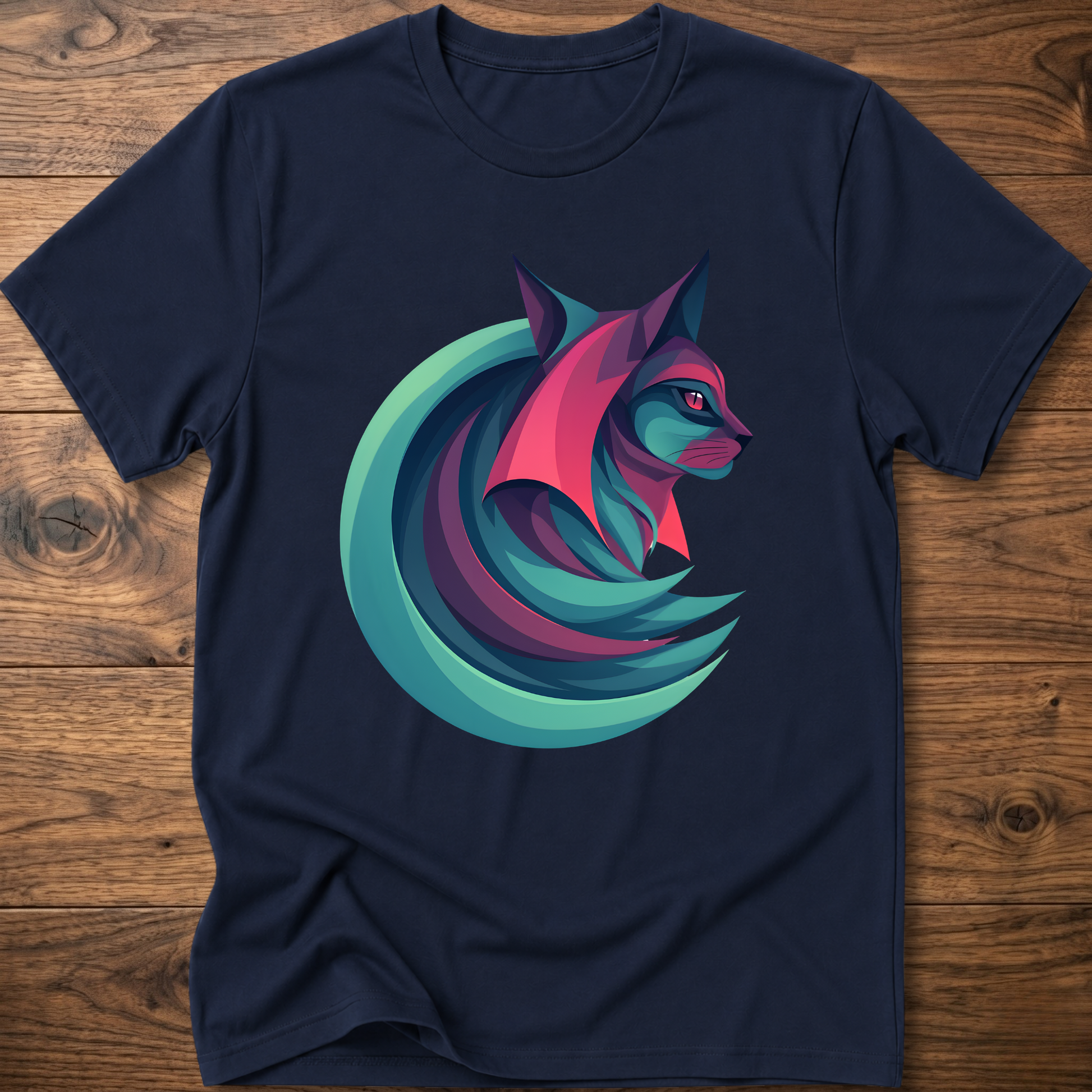 Geometric cat graphic T-shirt, navy, crew neck short sleeves