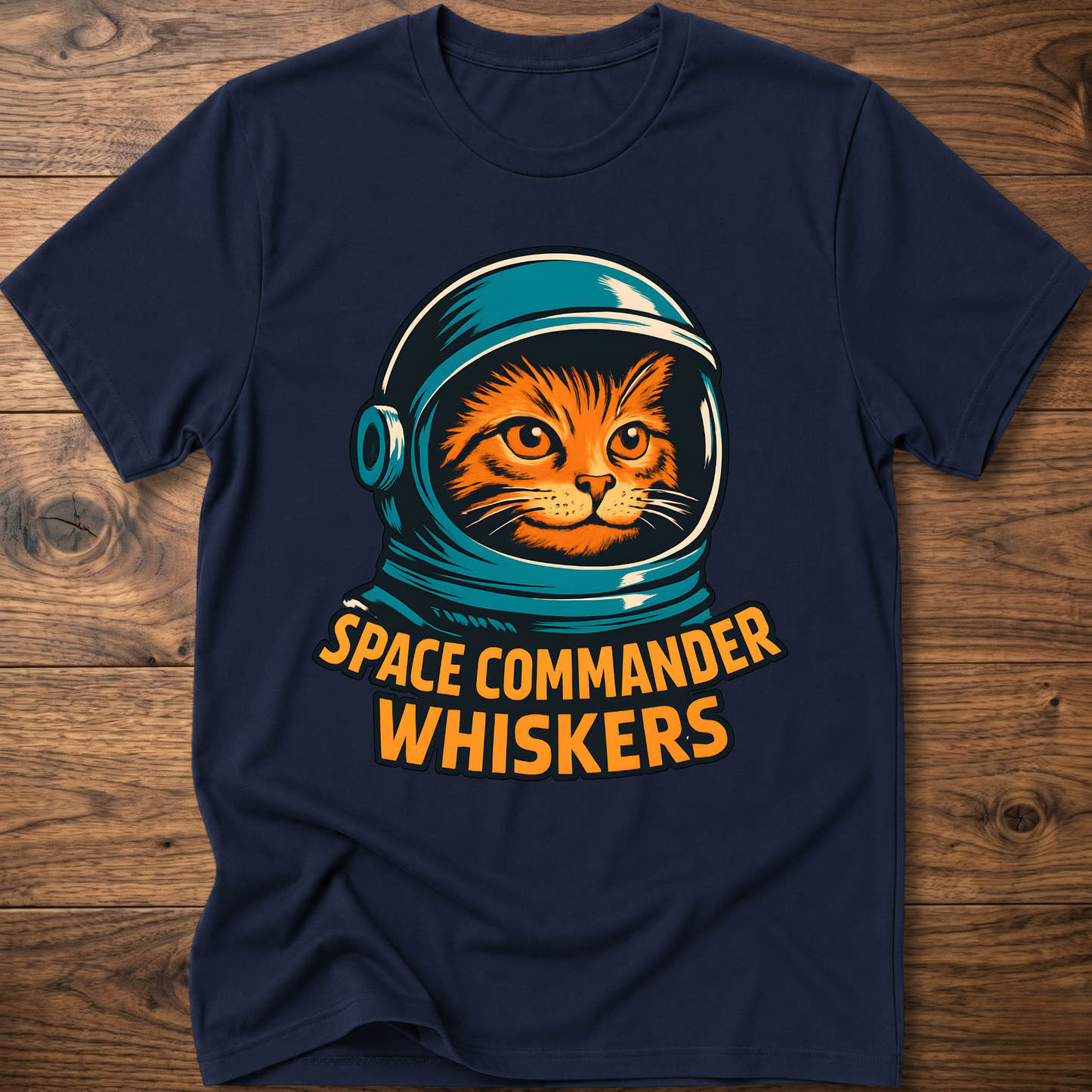 Astronaut cat graphic T-shirt, navy blue; “SPACE COMMANDER WHISKERS” print