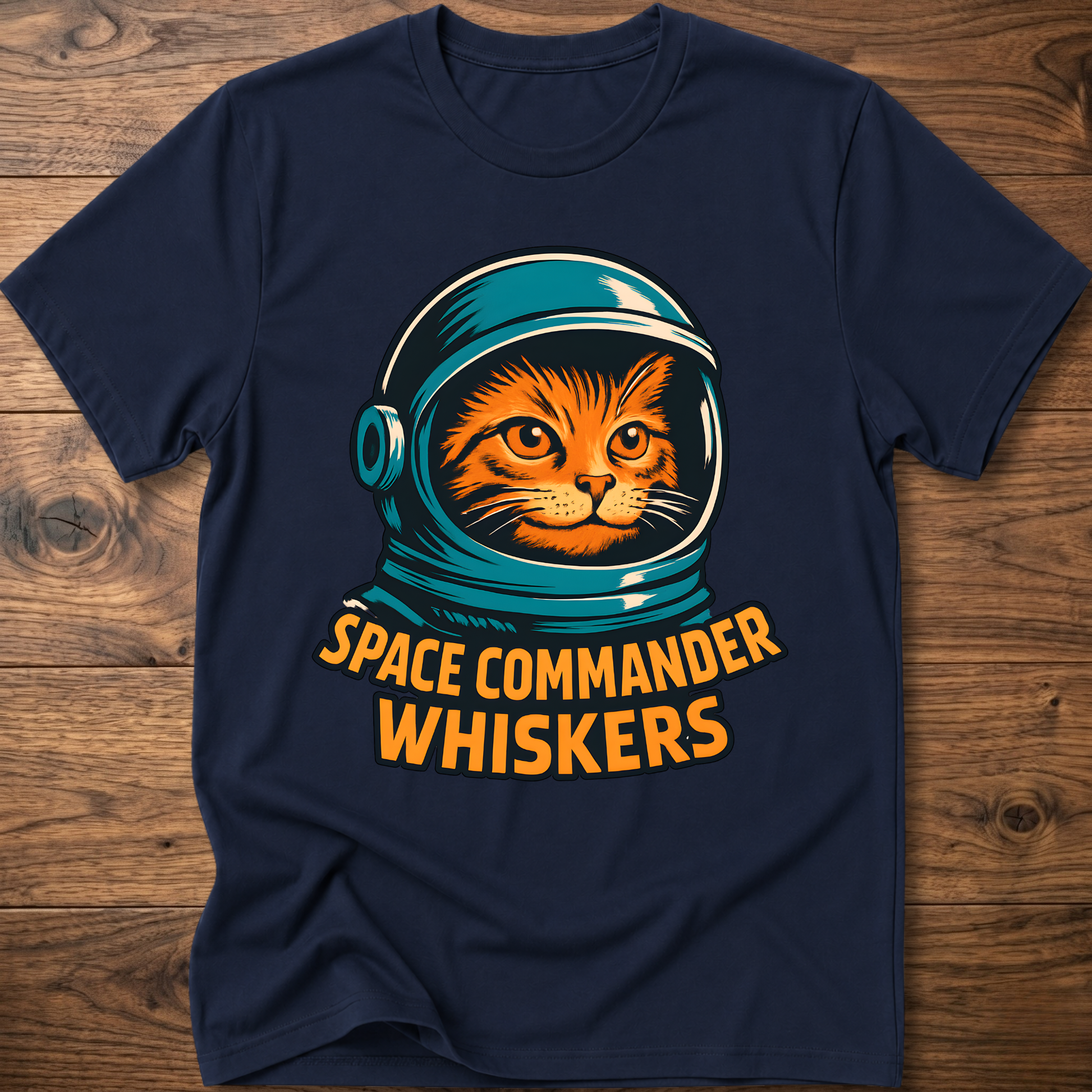 Astronaut cat graphic T-shirt, navy blue; “SPACE COMMANDER WHISKERS” print
