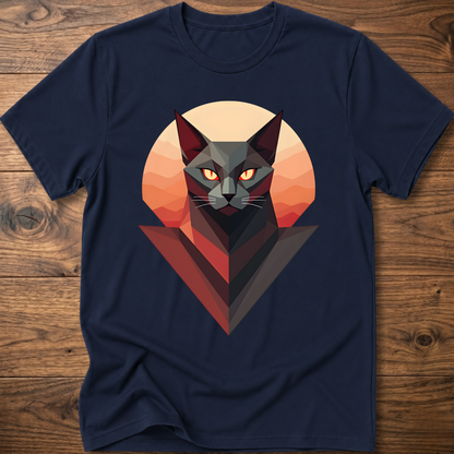 Navy crew-neck cat geometric graphic T-shirt, short sleeves, polygon cat head and claws
