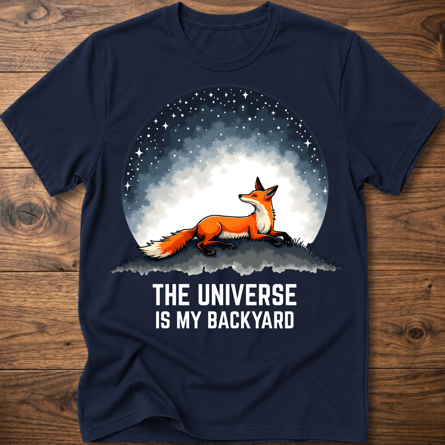 Navy crewneck T-shirt with fox under space dome graphic and 'The Universe Is My Backyard'