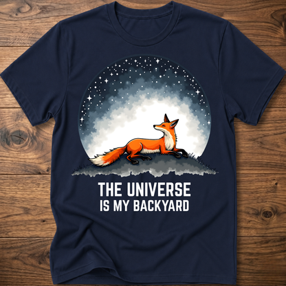 Navy crewneck T-shirt with fox under space dome graphic and 'The Universe Is My Backyard'