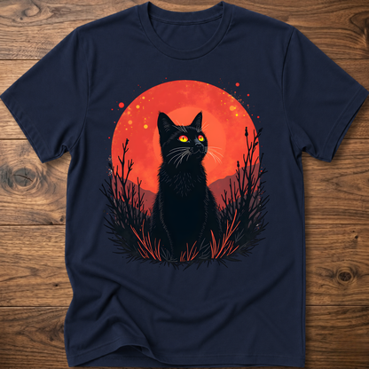 Navy T-shirt with black cat graphic in red-orange halo and night-plant silhouettes