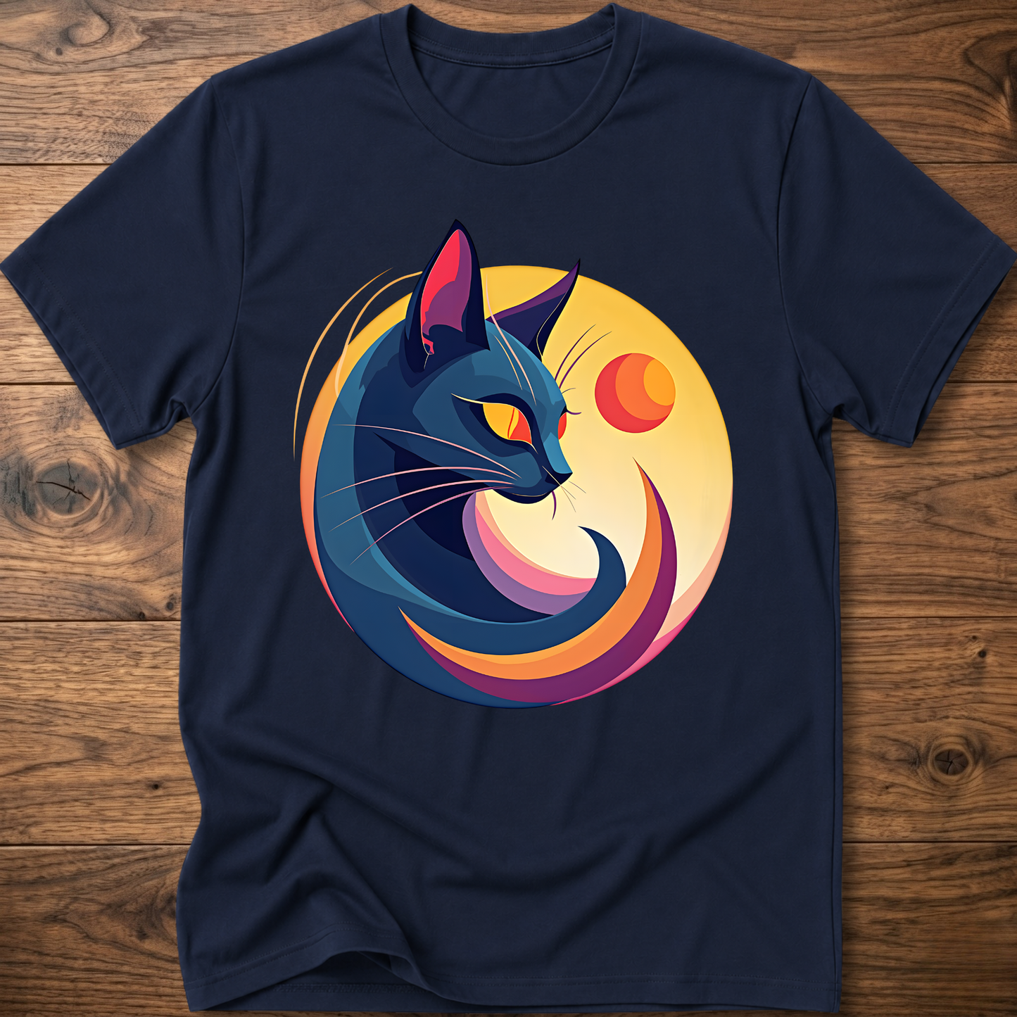 Navy cat and moon geometric graphic t-shirt, short-sleeve crew neck
