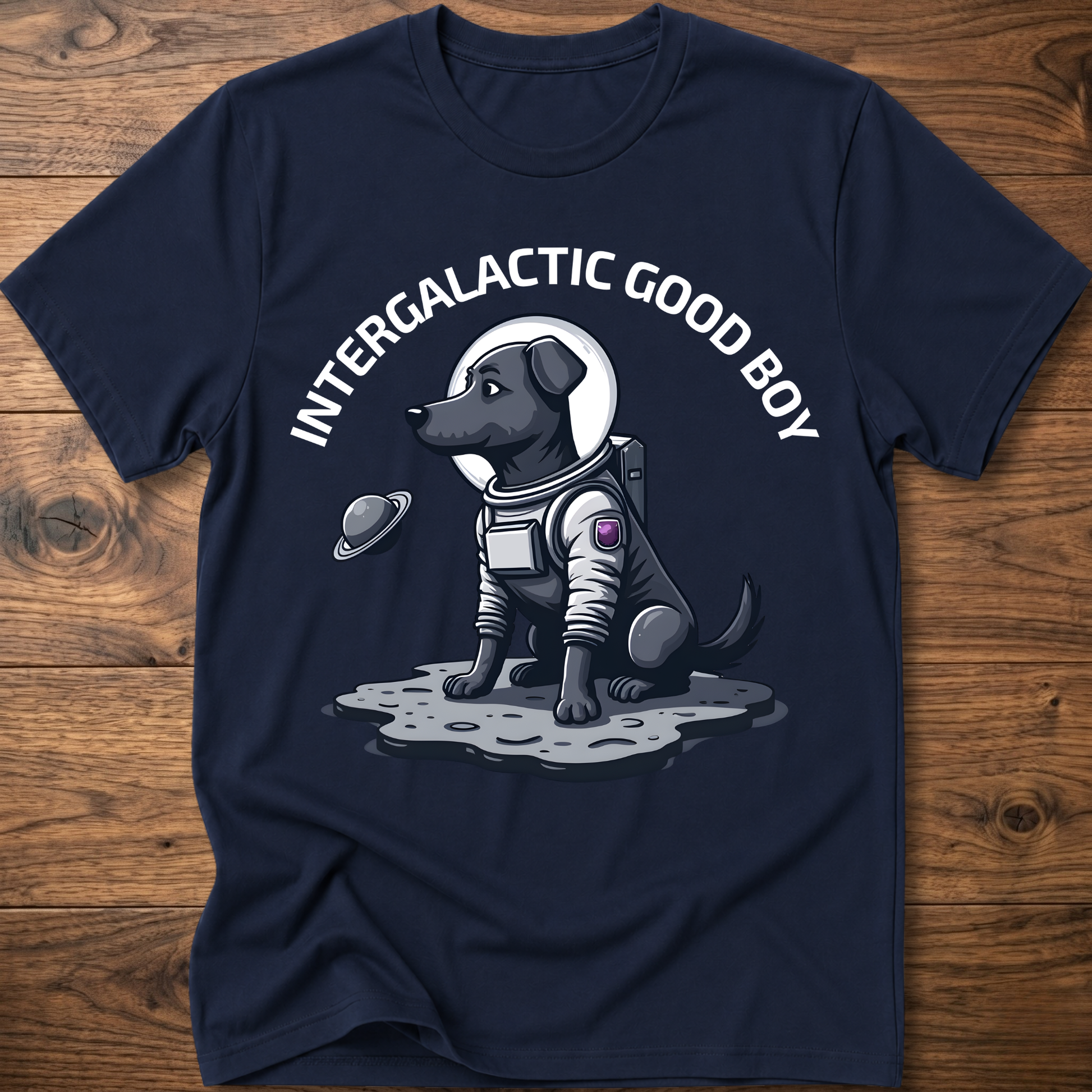 Navy “Intergalactic Good Boy” dog graphic T-shirt with short sleeves