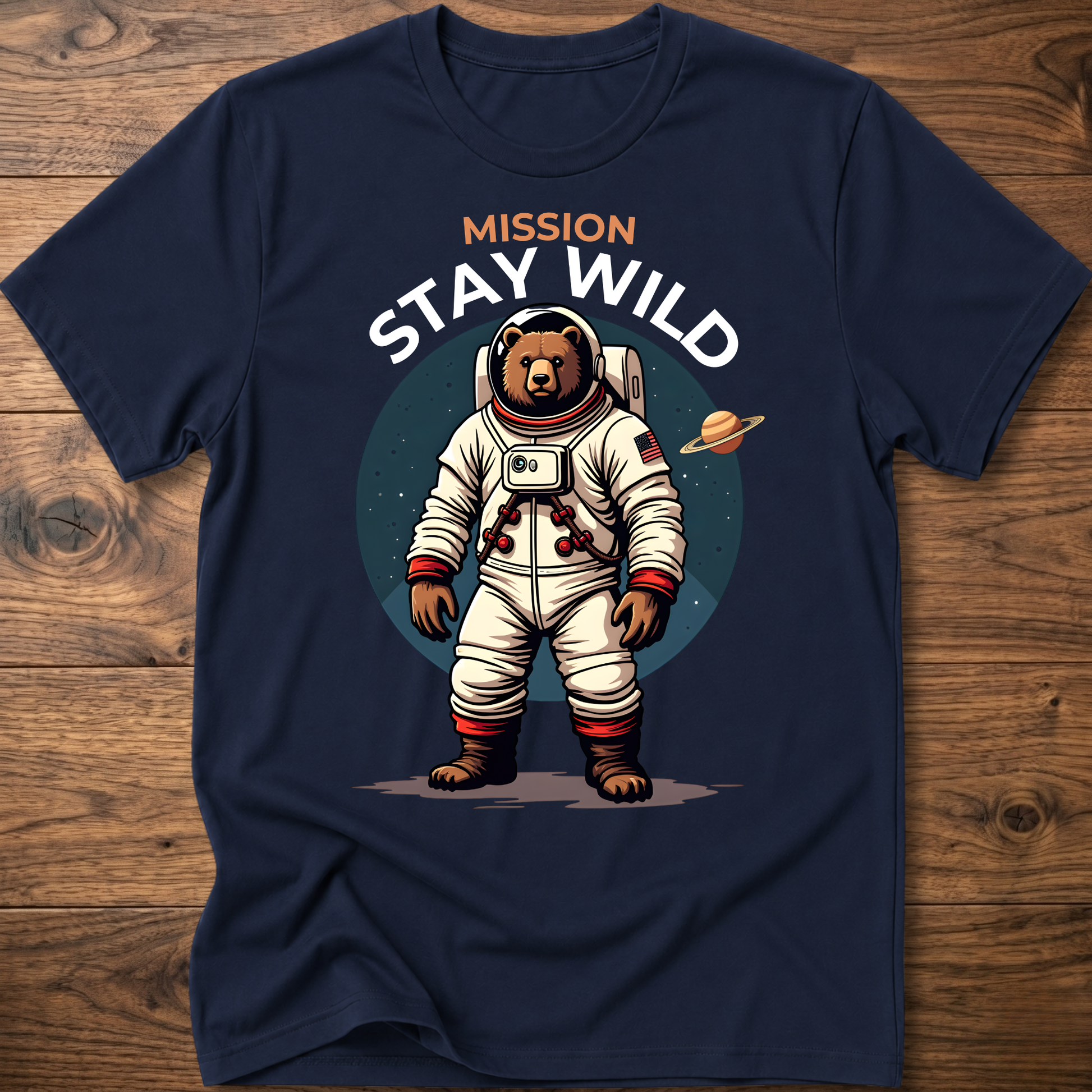 Navy crew-neck T-shirt with 'Mission Stay Wild' astronaut bear graphic