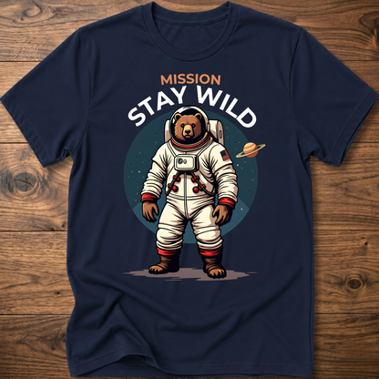 Navy crew-neck T-shirt with 'Mission Stay Wild' astronaut bear graphic