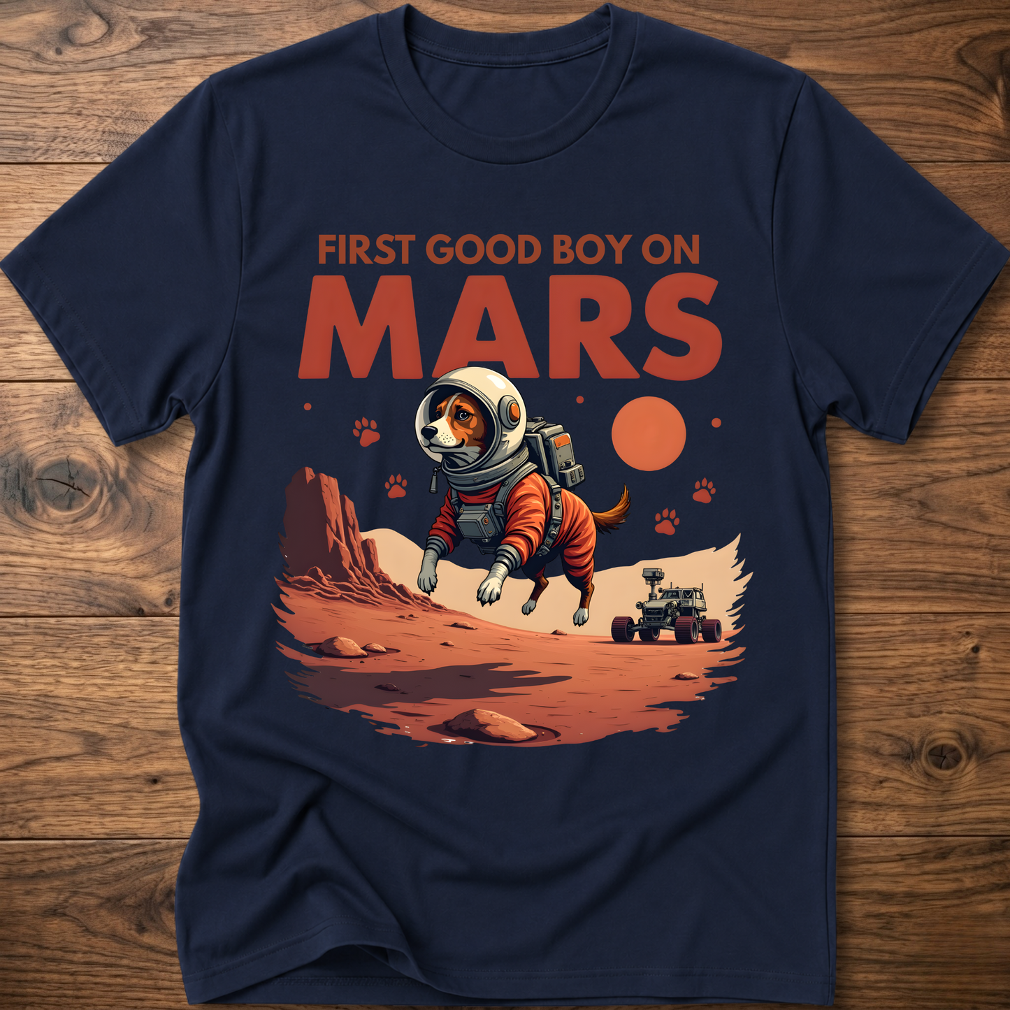Navy crewneck t-shirt with astronaut dog and 'First Good Boy on Mars' graphic