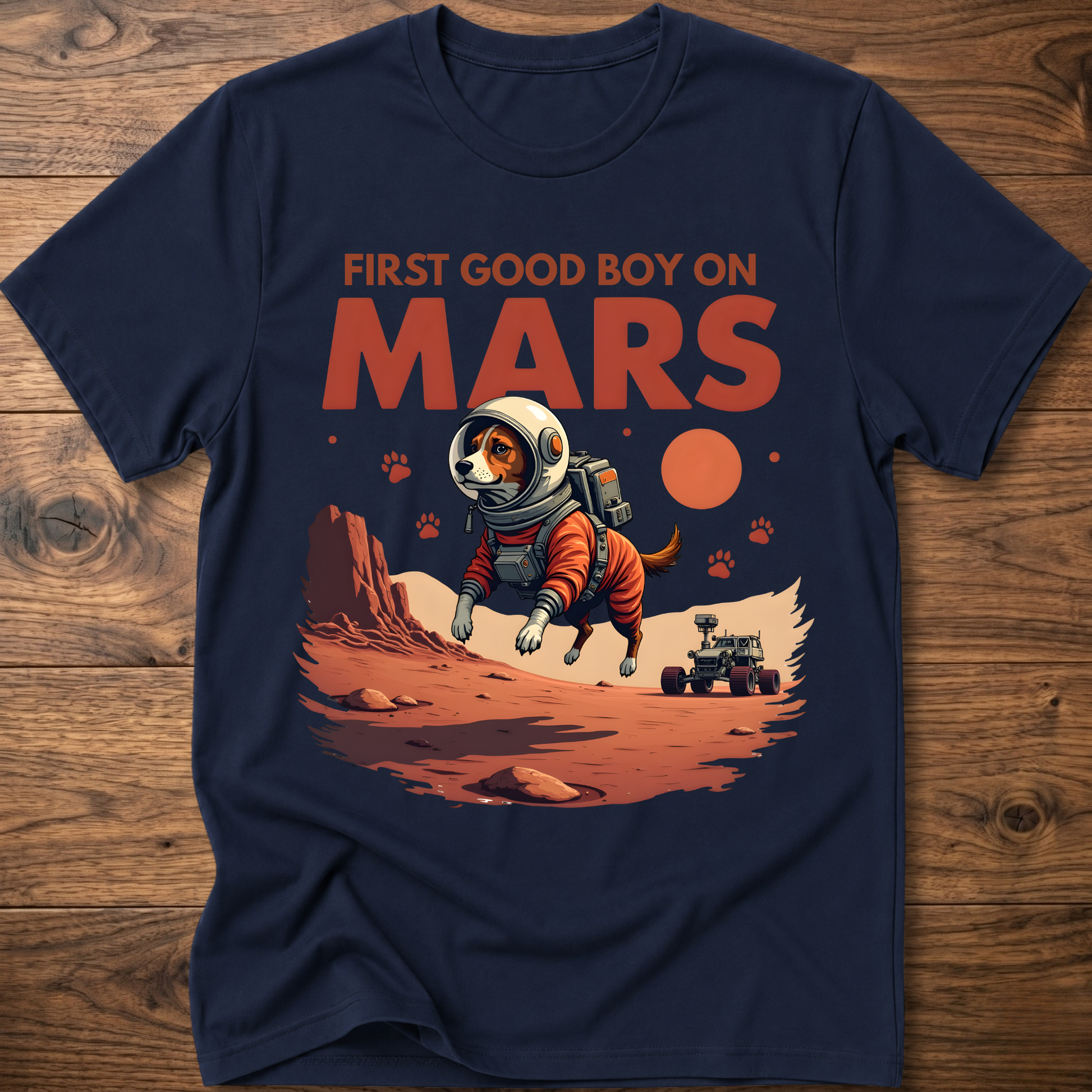 Navy crewneck t-shirt with astronaut dog and 'First Good Boy on Mars' graphic