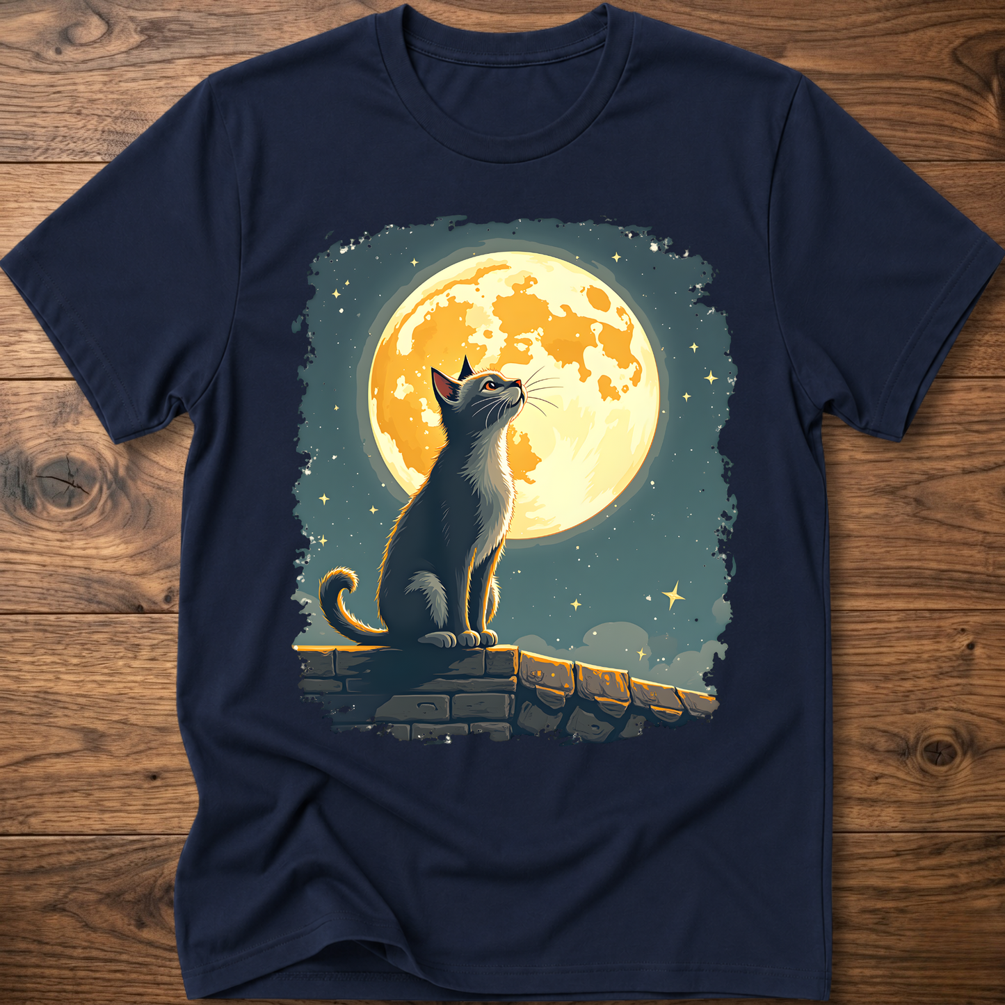 Navy cat graphic t-shirt with moonlit mural print