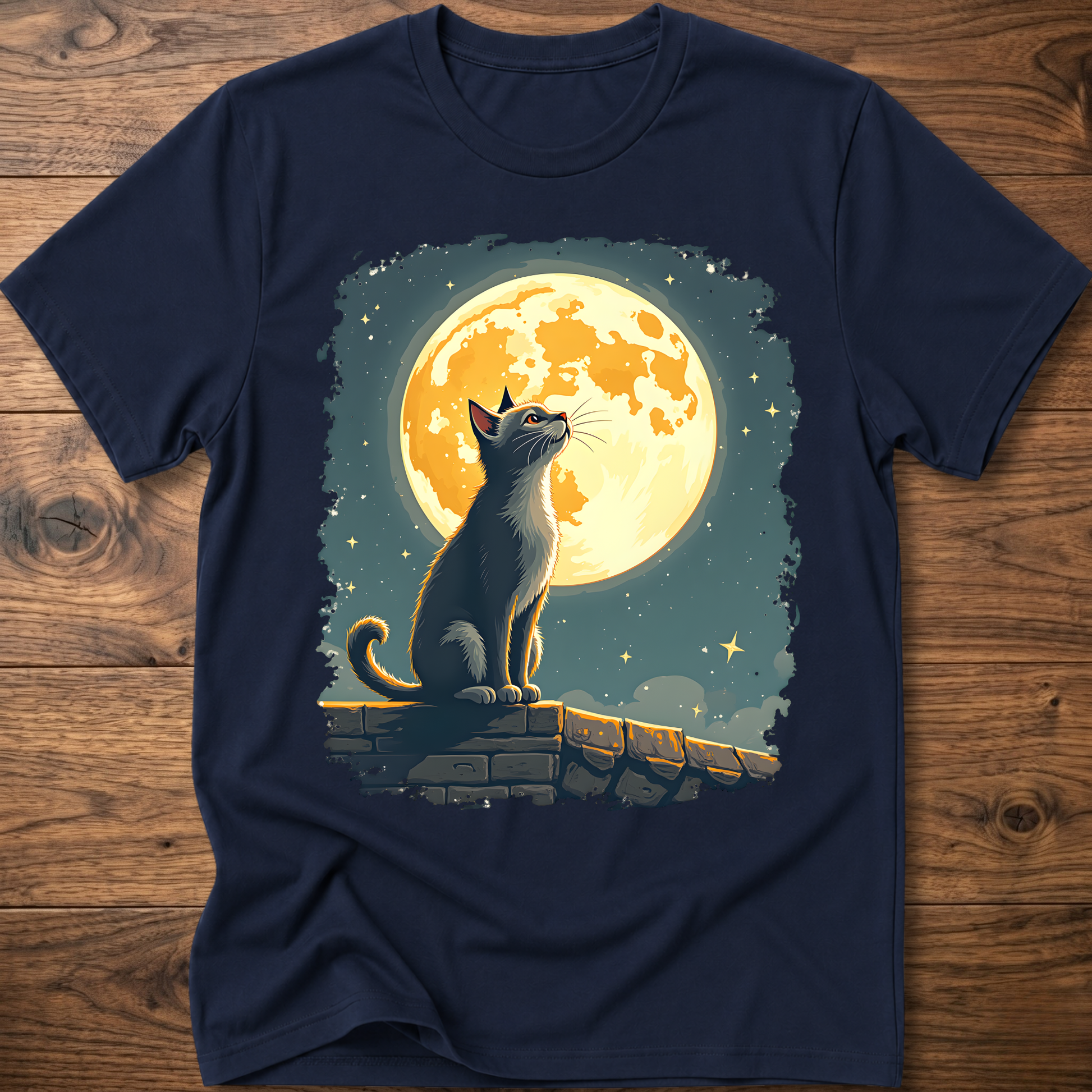 Navy cat graphic t-shirt with moonlit mural print