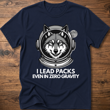 Navy T-shirt with husky astronaut graphic and "I Lead Packs Even in Zero Gravity" text