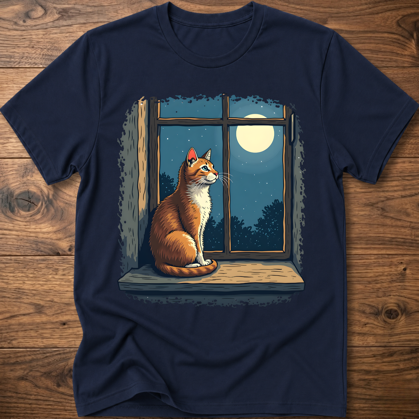 Navy t-shirt with vintage cat sitting by a window under a moon