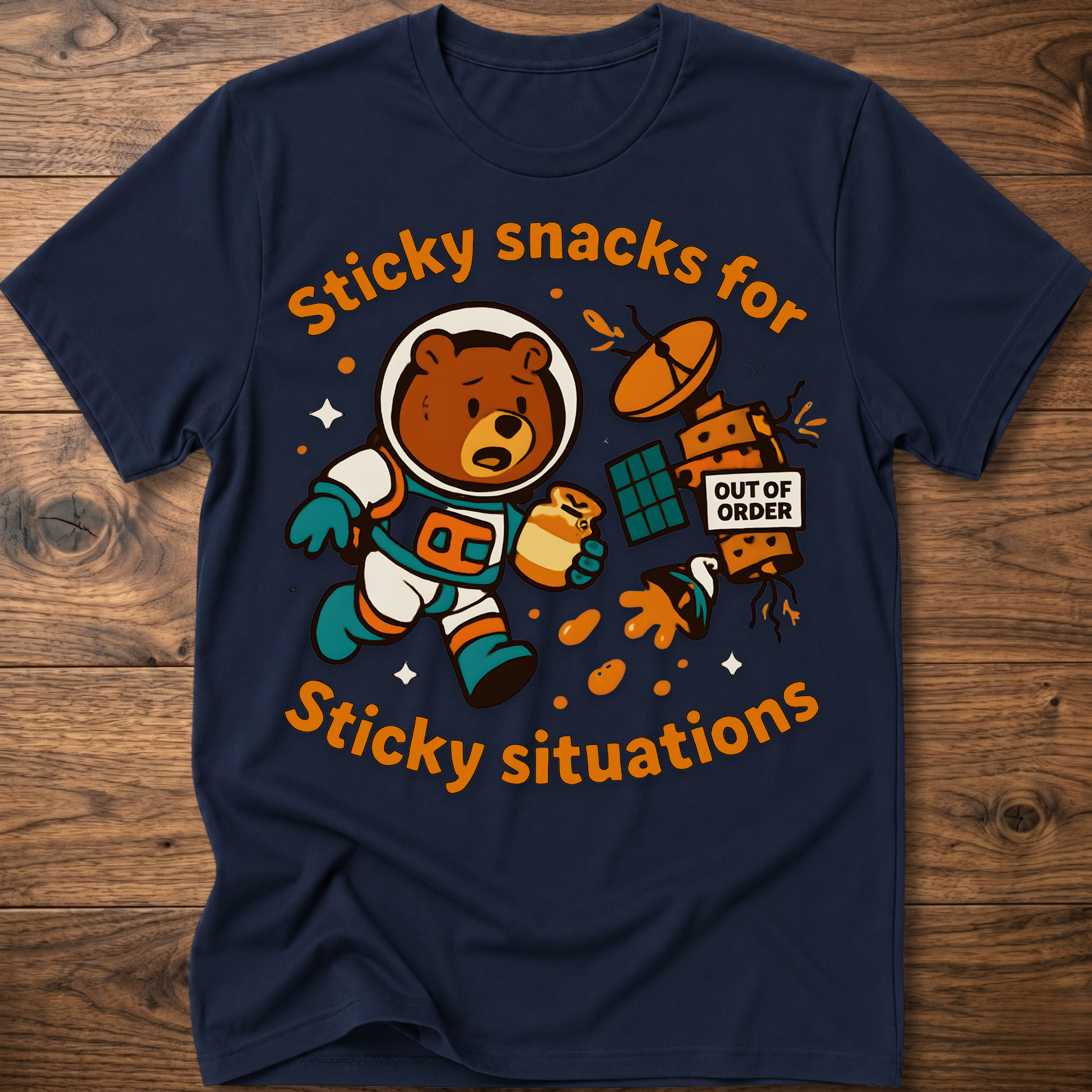 Navy bear graphic t-shirt with cartoon snack scene and 'Out of Order' badge