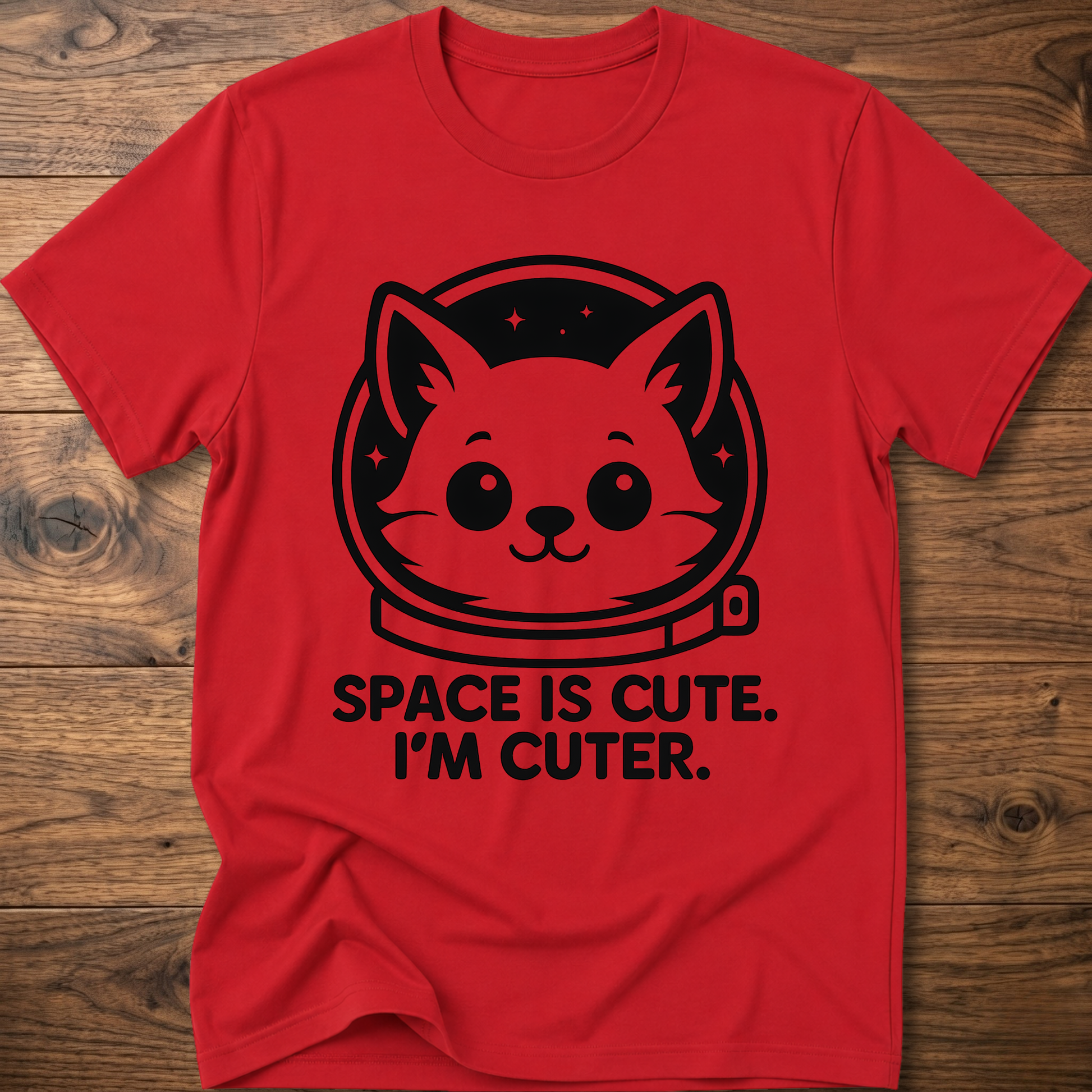 Red T-shirt with space cat face graphic and text "SPACE IS CUTE. I'M CUTER."