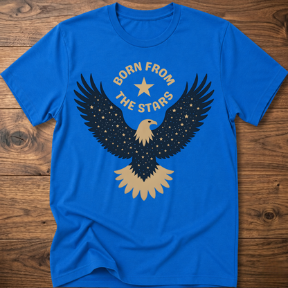 Royal blue graphic eagle T-shirt with 'Born From the Stars' star-wing emblem
