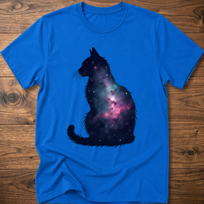 Royal blue t-shirt with galaxy cat graphic on the front
