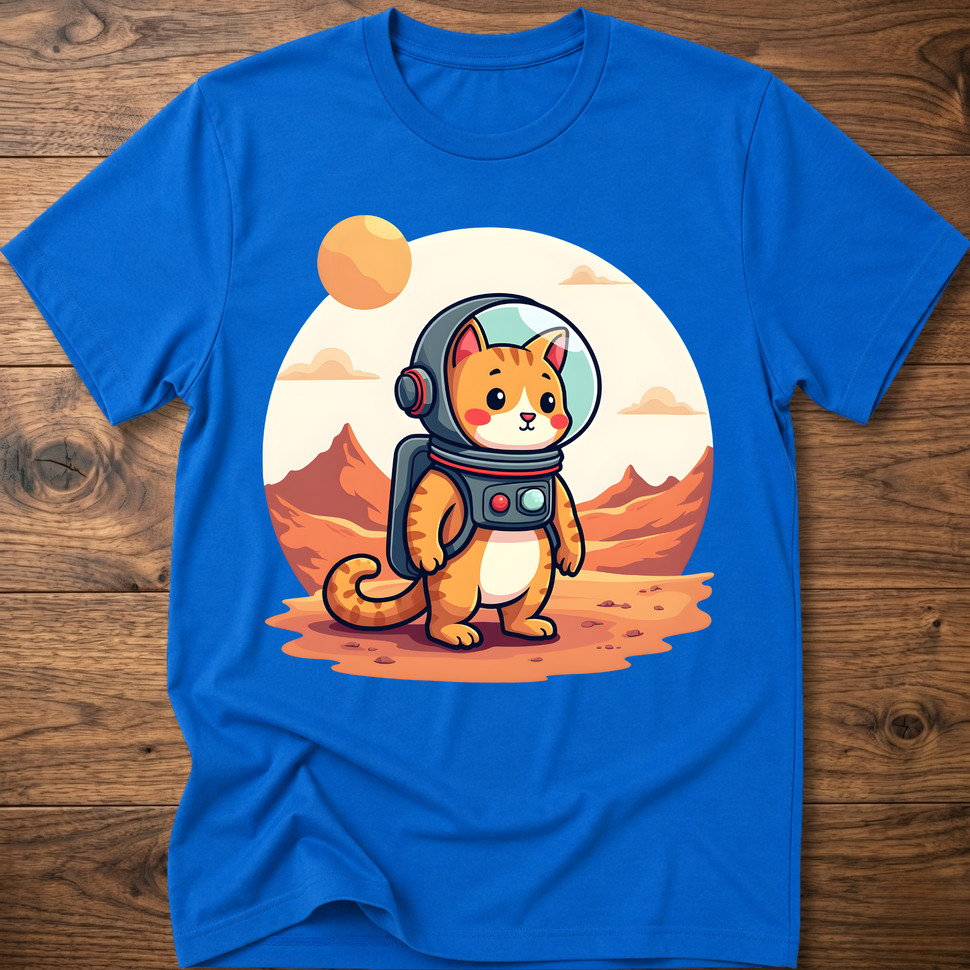 Royal blue crew-neck T-shirt with astronaut cat graphic in the center