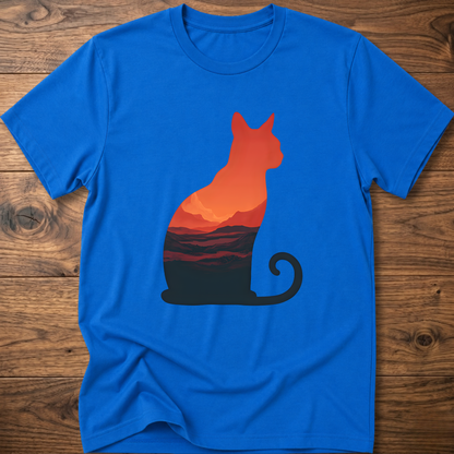 Martian cat graphic t-shirt, royal blue; orange cat sunset landscape print