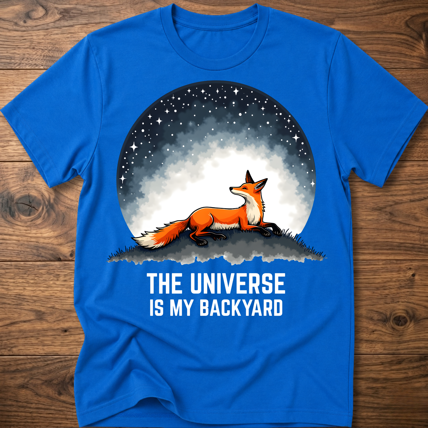 Royal blue crewneck T-shirt with fox under space dome graphic and 'The Universe Is My Backyard'