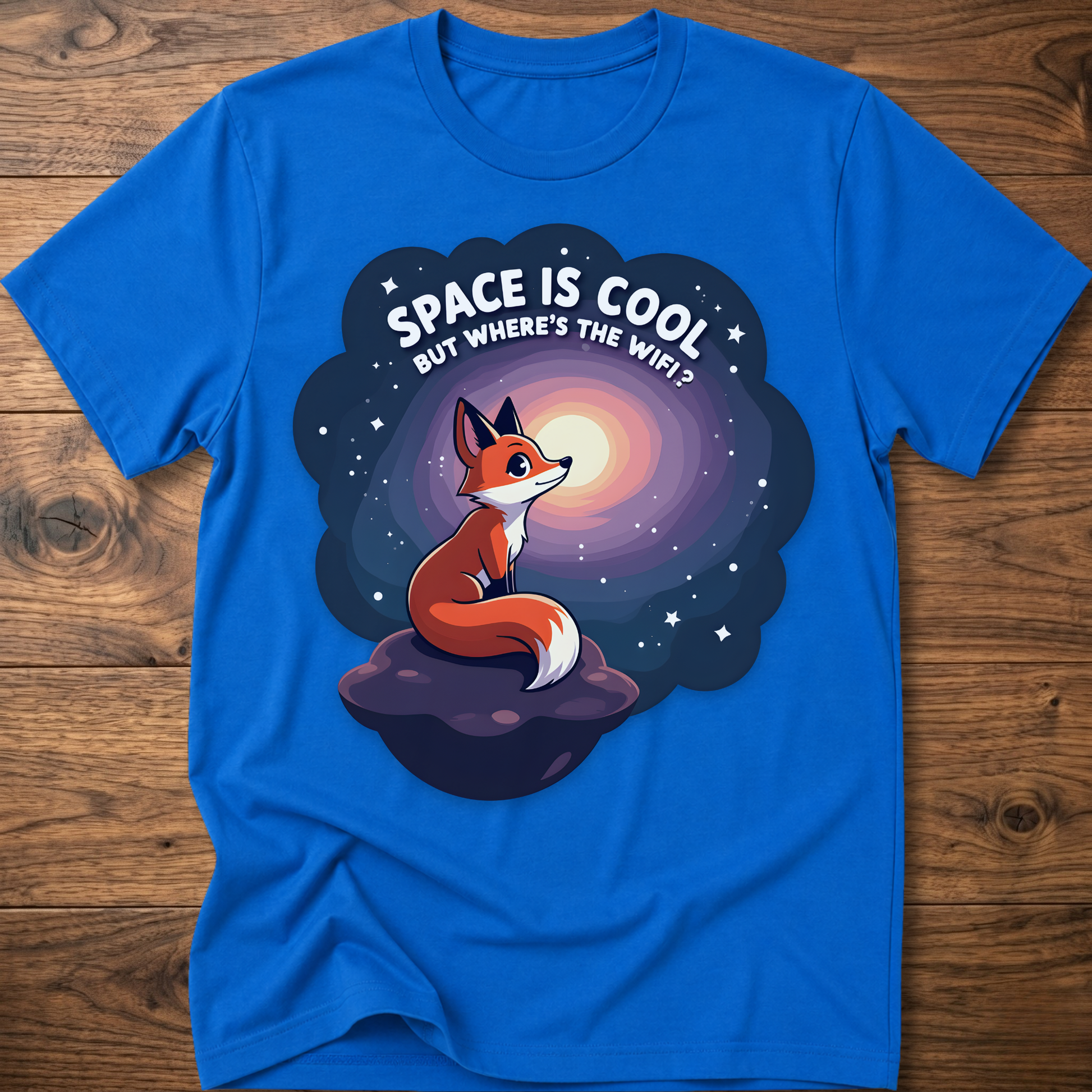 Royal blue t-shirt with cartoon fox in space swirl graphic and “SPACE IS COOL” text