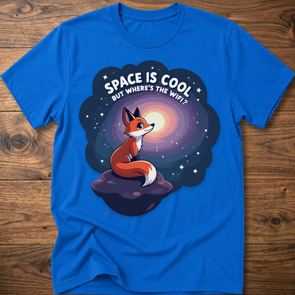 Royal blue t-shirt with cartoon fox in space swirl graphic and “SPACE IS COOL” text