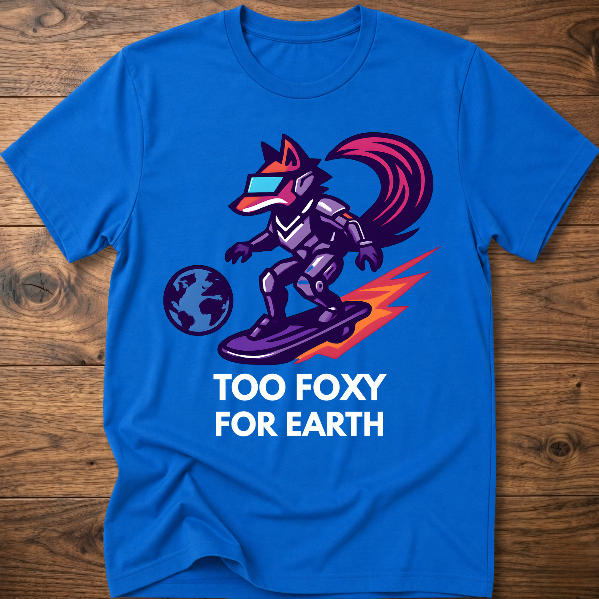 Royal blue T-shirt with fox astronaut graphic: 'TOO FOXY FOR EARTH'
