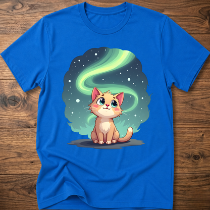 Blue kitty graphic t-shirt with glowing swirl and cute cat