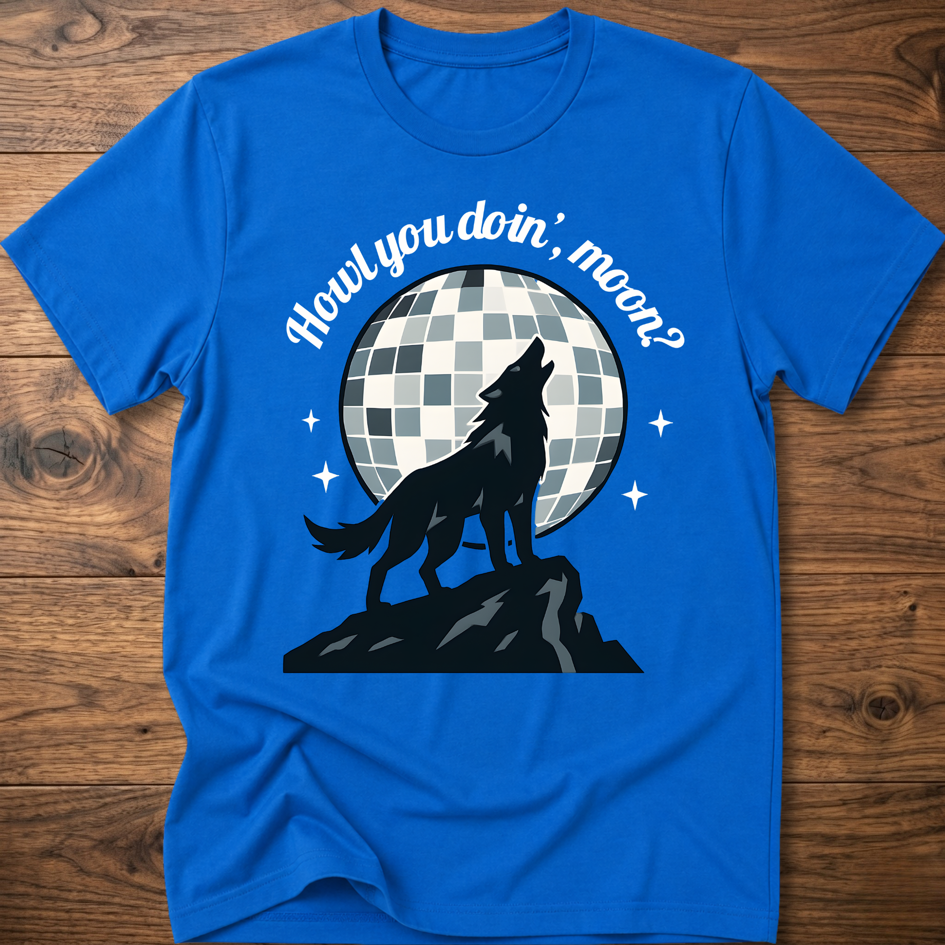 Royal blue wolf graphic T-shirt with circular check background and slogan text