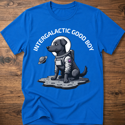 Royal blue “Intergalactic Good Boy” dog graphic T-shirt with short sleeves