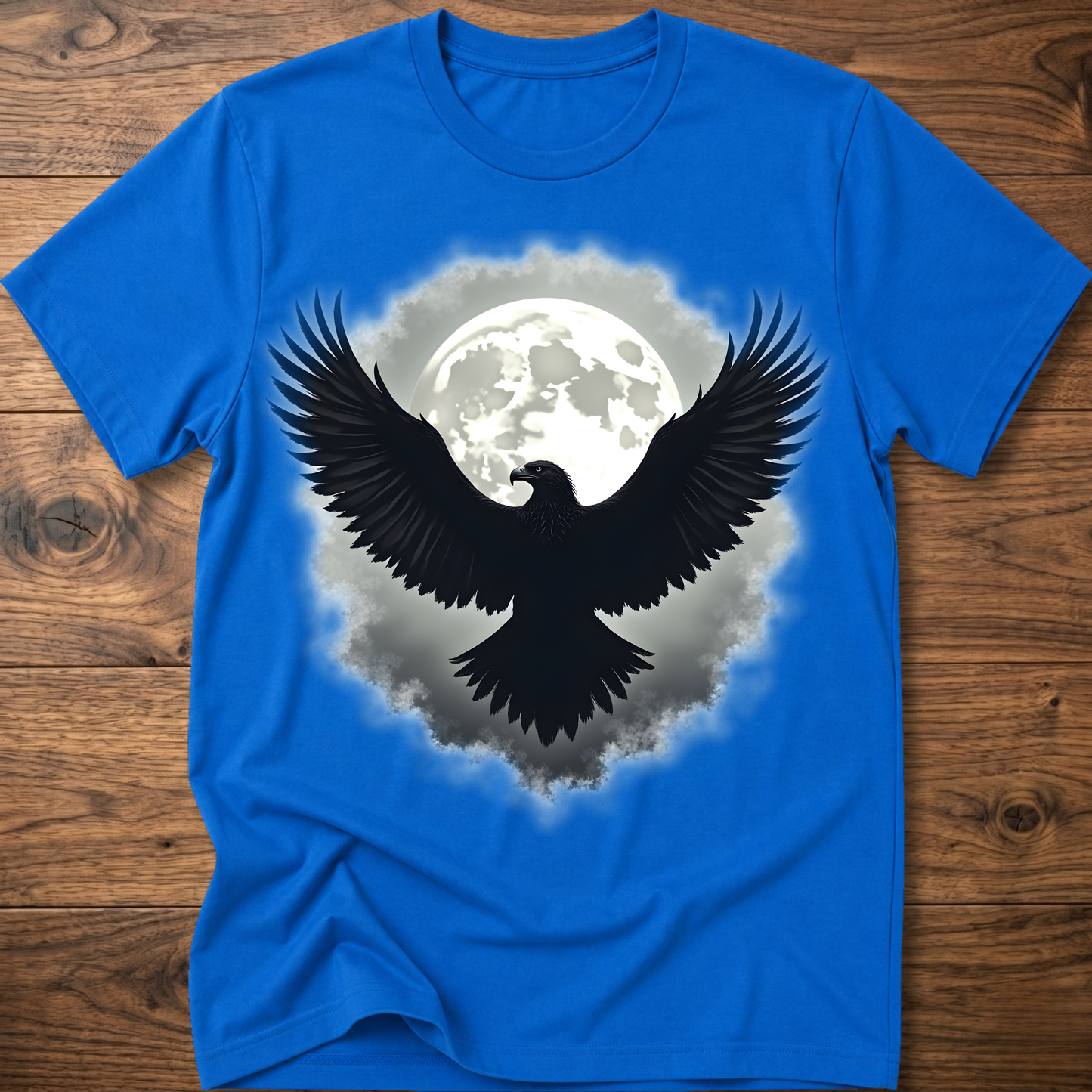Royal blue crewneck t-shirt with large eagle and moon graphic on chest