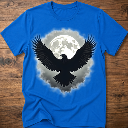 Royal blue crewneck t-shirt with large eagle and moon graphic on chest