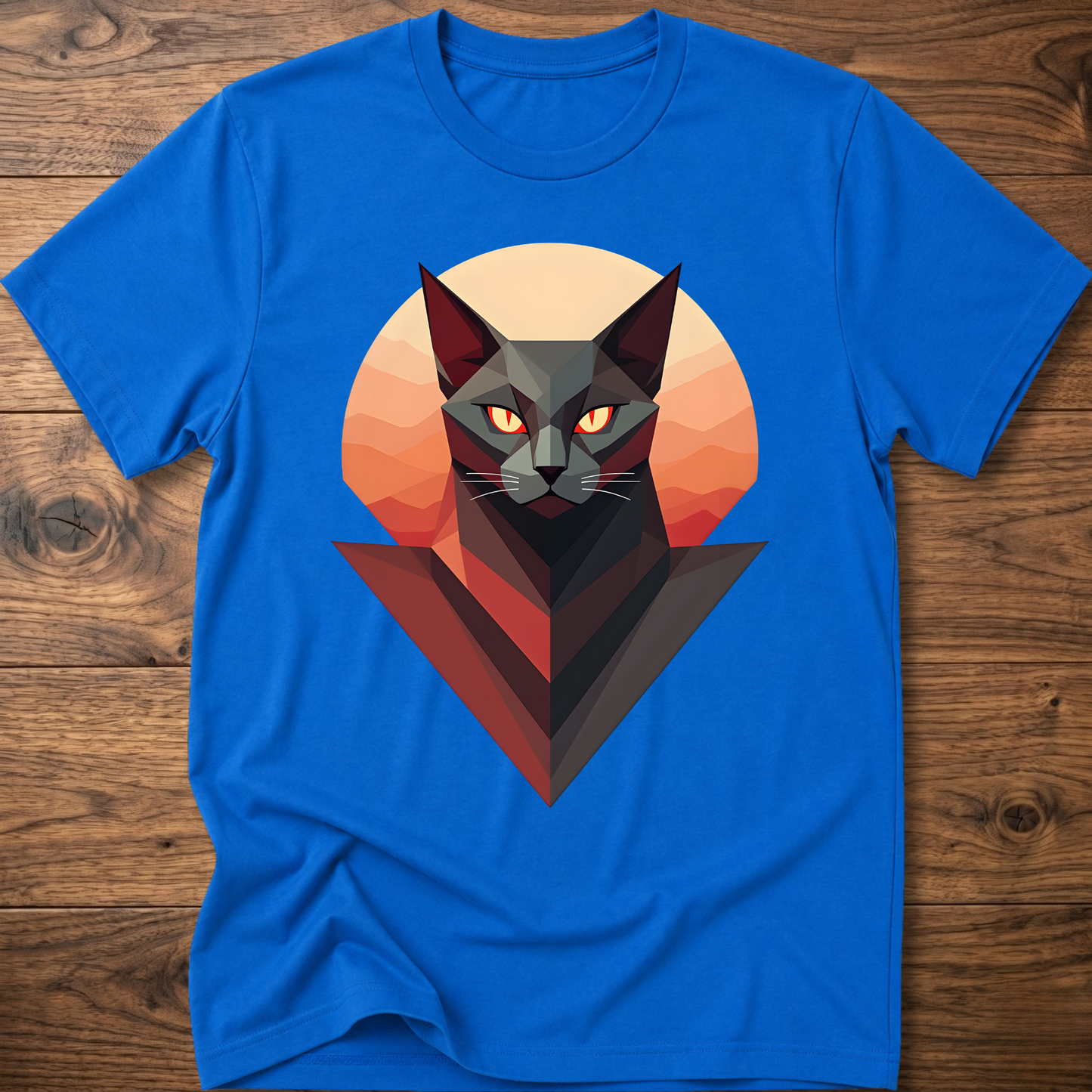Royal blue crew-neck cat geometric graphic T-shirt, short sleeves, low-poly cat portrait