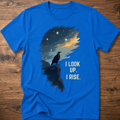Royal blue T-shirt with raven sunrise graphic and 'I LOOK UP. I RISE.'
