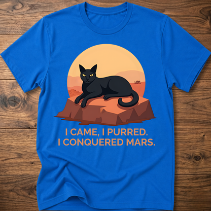 Conquered Cat T-shirt, royal blue; lounging cat graphic with orange text 'I CAME, I PURRED.'