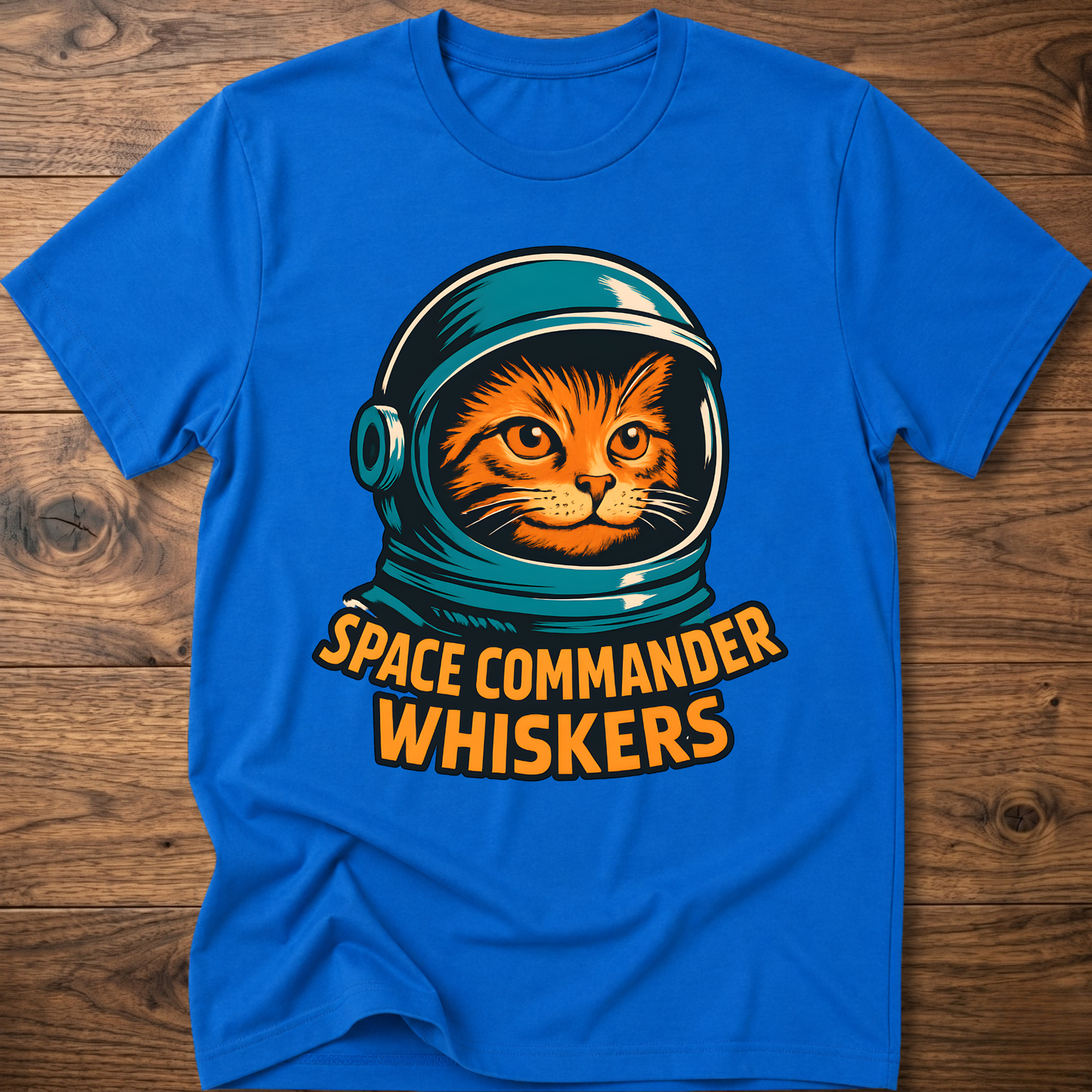 Astronaut cat graphic T-shirt, royal blue; “SPACE COMMANDER WHISKERS” print