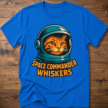 Astronaut cat graphic T-shirt, royal blue; “SPACE COMMANDER WHISKERS” print