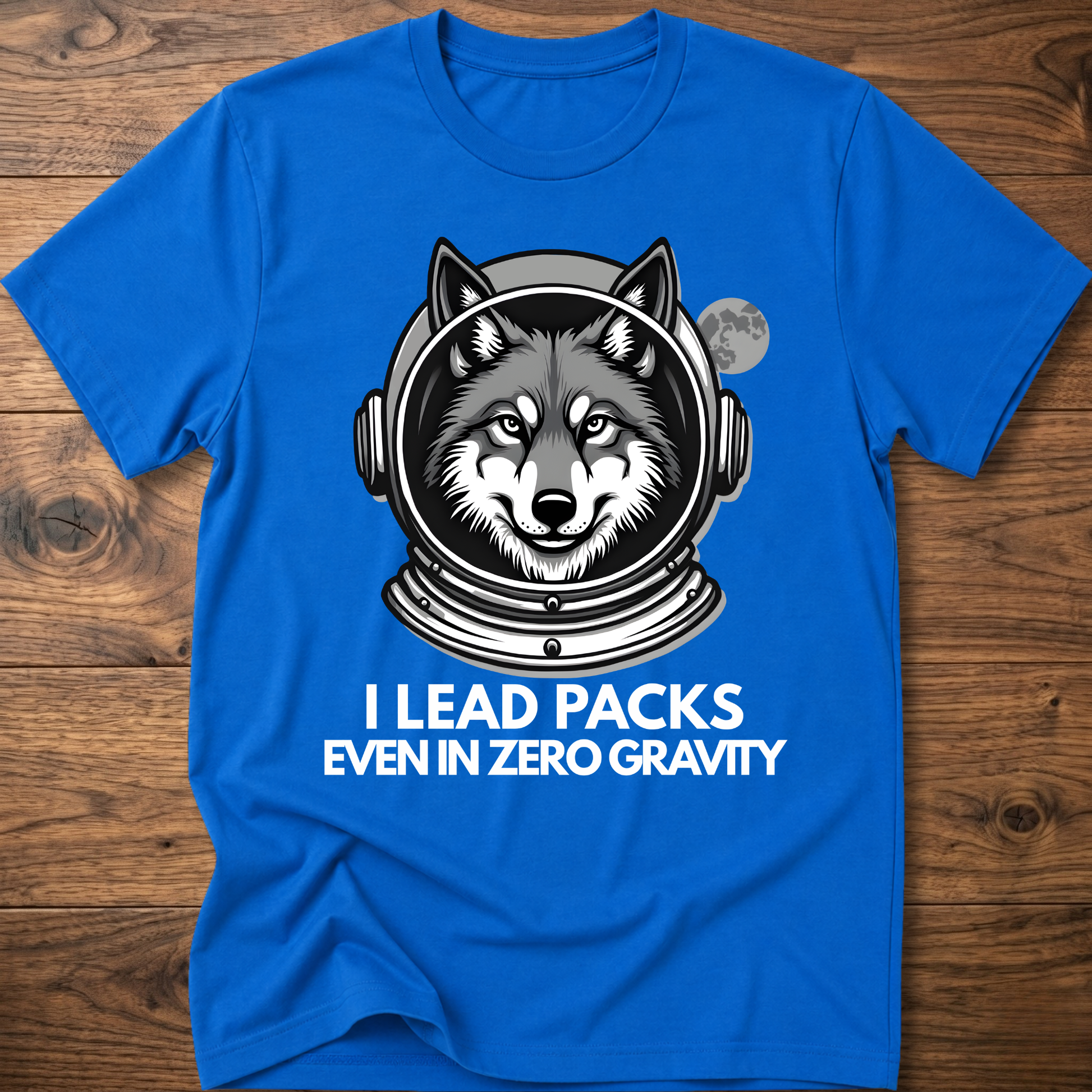 Royal blue T-shirt with husky astronaut graphic and "I Lead Packs Even in Zero Gravity" text
