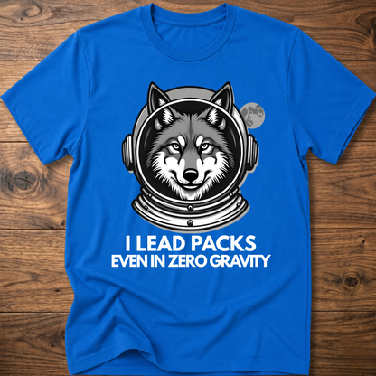 Royal blue T-shirt with husky astronaut graphic and "I Lead Packs Even in Zero Gravity" text