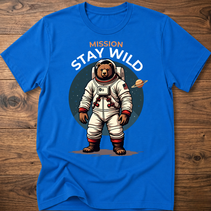Royal blue crew-neck T-shirt with 'Mission Stay Wild' astronaut bear graphic