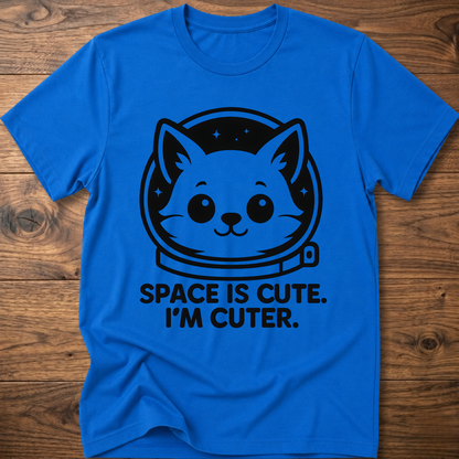 Royal blue T-shirt with space cat face graphic and text "SPACE IS CUTE. I'M CUTER."