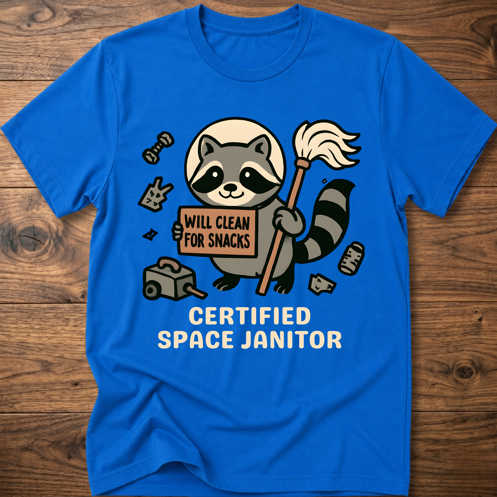 Raccoon space janitor graphic t-shirt, royal blue