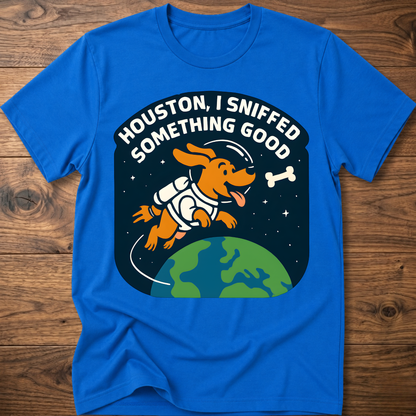 Royal blue dog-themed graphic T-shirt with bone and earth illustration