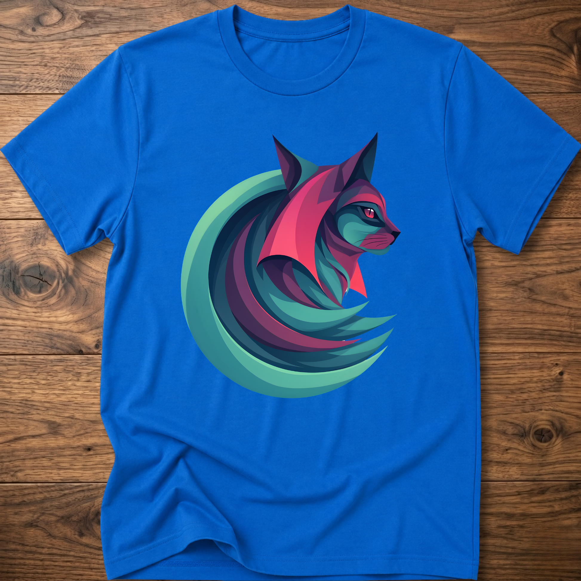 Geometric cat graphic T-shirt, royal blue, crew neck short sleeves