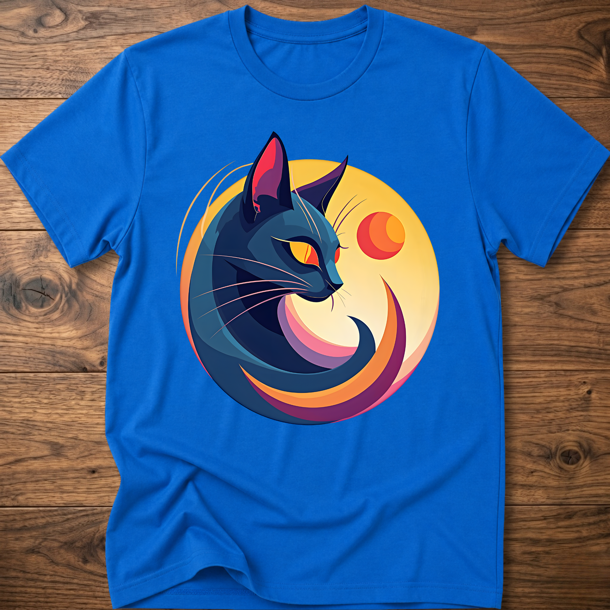 Royal blue cat and moon geometric graphic t-shirt, short-sleeve crew neck