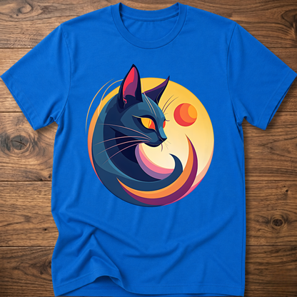 Royal blue cat and moon geometric graphic t-shirt, short-sleeve crew neck