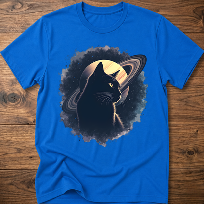 Royal blue cat graphic t-shirt with moon and swirl design, crew neck short sleeves