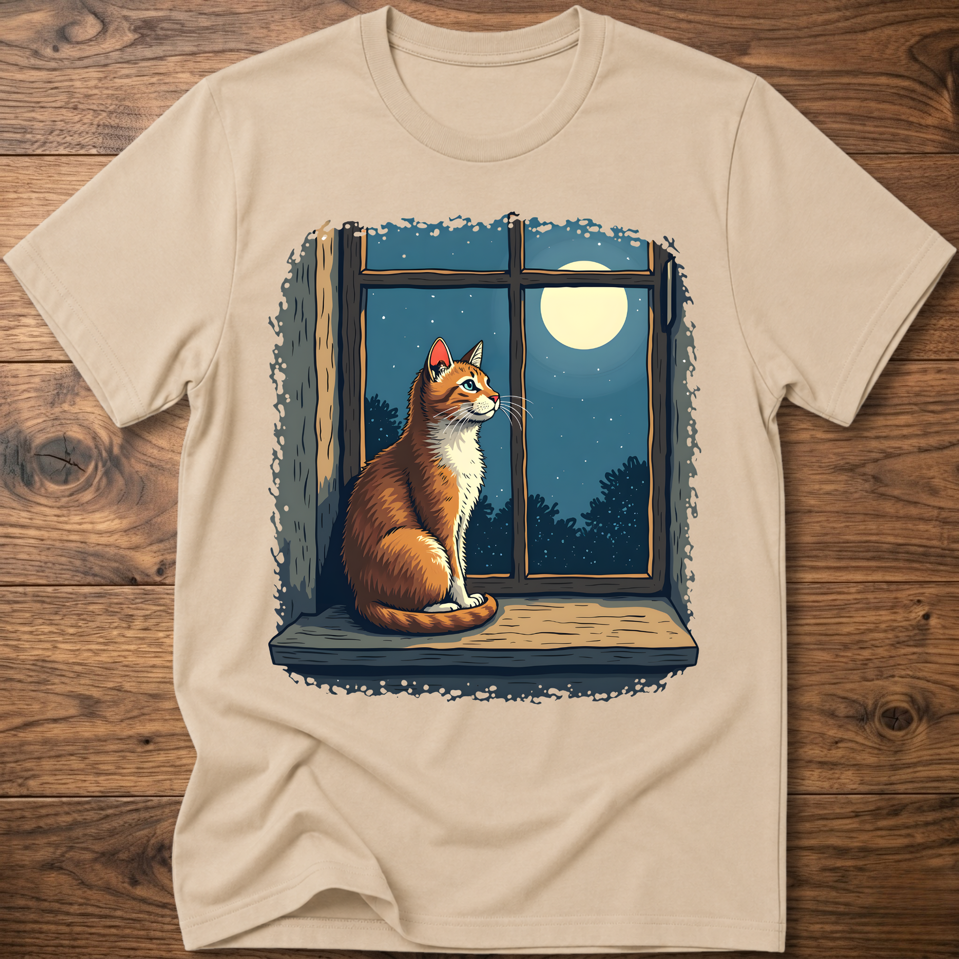 Beige t-shirt with vintage cat sitting by a window under a moon