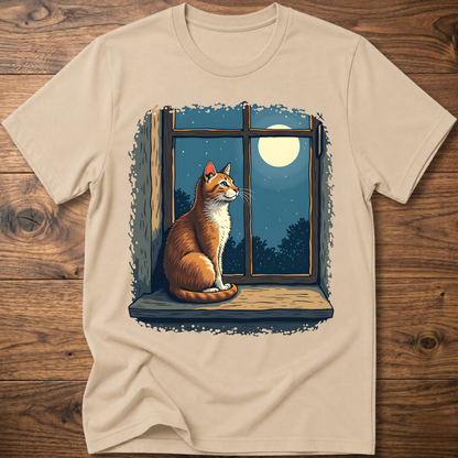 Beige t-shirt with vintage cat sitting by a window under a moon